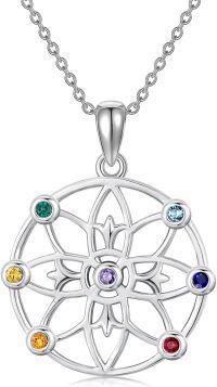 wholesale 925 Sterling Silver Multi-Color Stone 7 Chakras Flower Of Life Mandala Pendant Necklace-7 Chakra