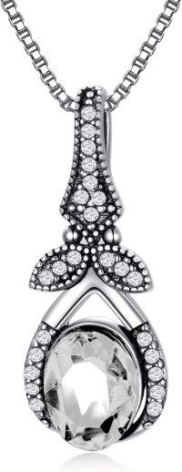 wholesale Sterling Silver Crystal Vintage Necklace 925 Retro Oxidized Dainty Pendant w 8 6 Oval Birthstone Women s Gift-White