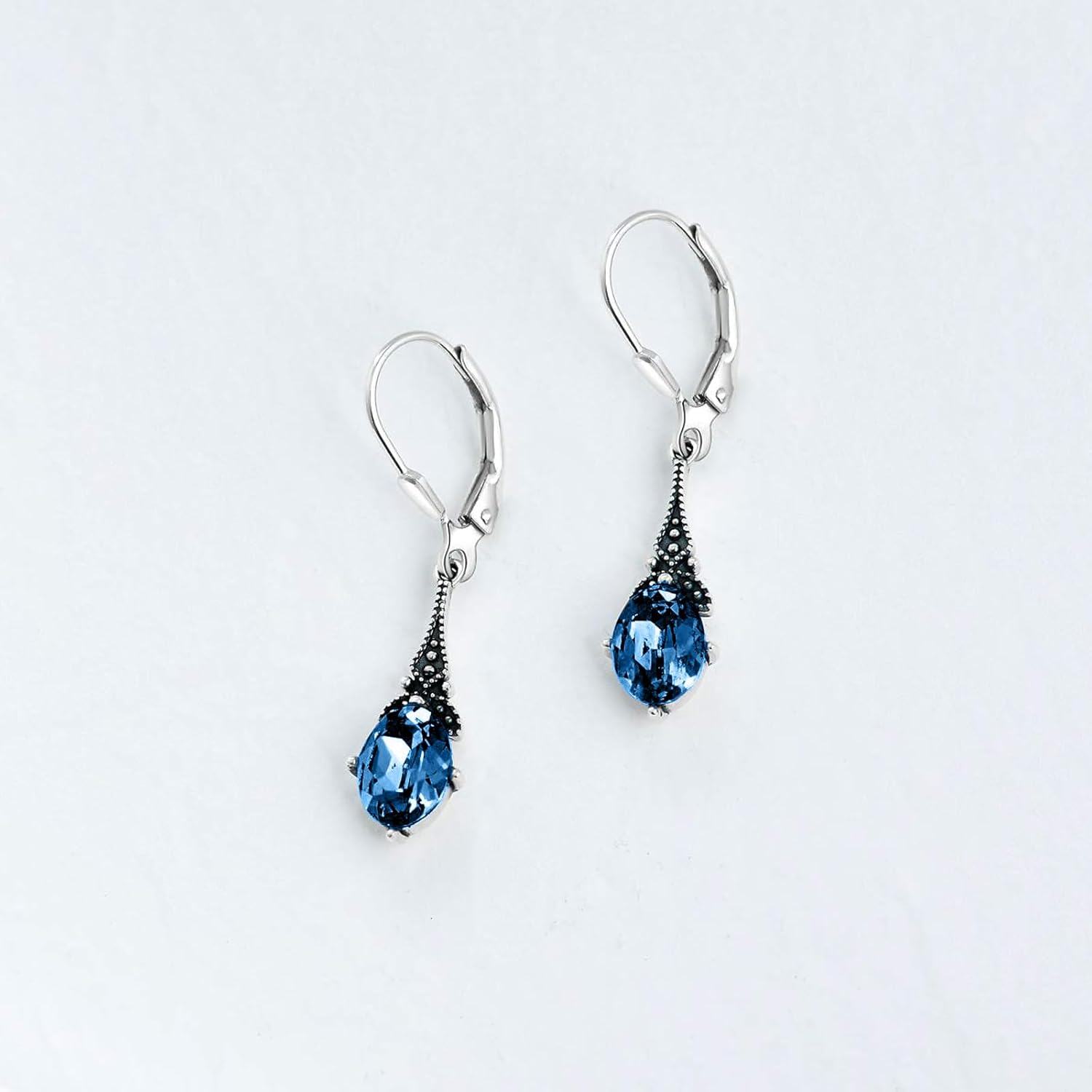 wholesale 925 Sterling Silver Blue Topaz Oval Cut Vintage Style Leverback Earrings-0-2