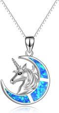 wholesale 925 Sterling Silver Blue Fire Opal Crescent Moon & Unicorn Head Pendant Necklace for Women-0-0