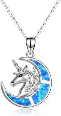 wholesale 925 Sterling Silver Blue Fire Opal Crescent Moon & Unicorn Head Pendant Necklace for Women-Blue Opal Unicorn Necklace