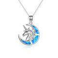 wholesale 925 Sterling Silver Blue Fire Opal Crescent Moon & Unicorn Head Pendant Necklace for Women-0-0