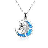wholesale 925 Sterling Silver Blue Fire Opal Crescent Moon & Unicorn Head Pendant Necklace for Women-Blue Opal Unicorn Necklace