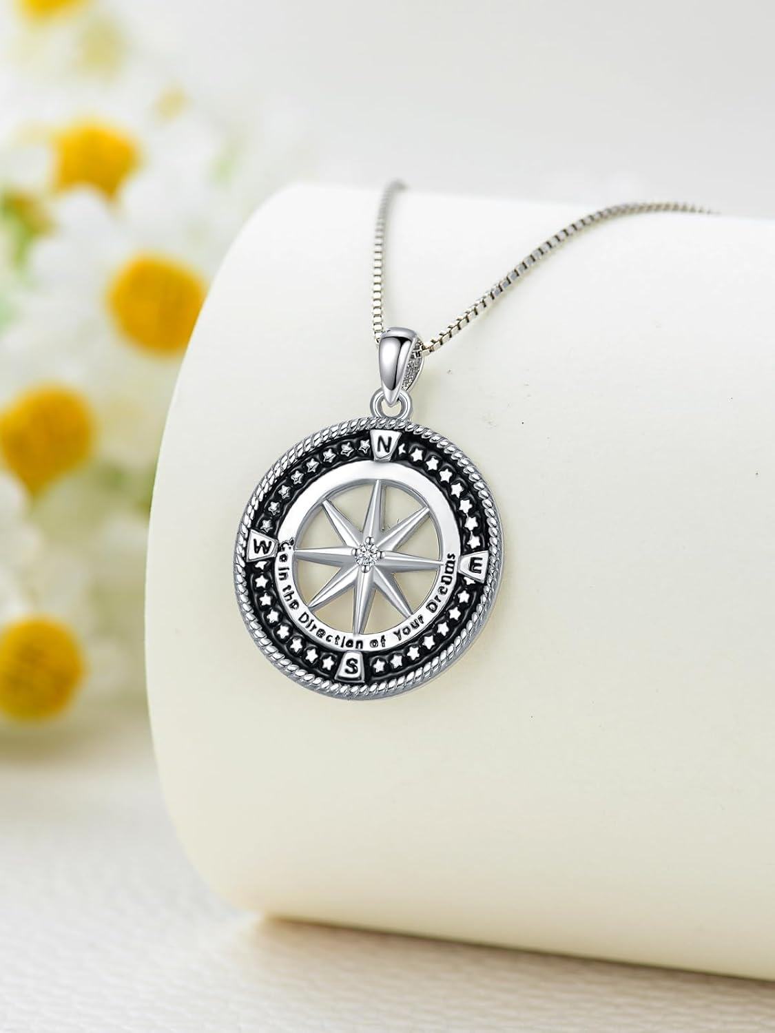wholesale 925 Sterling Silver Compass Necklace with Stars and Directional Elements - Graduation Gift for Her-0-3