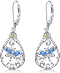 wholesale 925 Sterling Silver Blue Crystal Dragonfly Drop Earrings for Women Girls  4cm Long-05-Dragonfly