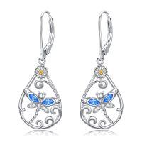 wholesale 925 Sterling Silver Blue Crystal Dragonfly Drop Earrings for Women Girls  4cm Long-05-Dragonfly