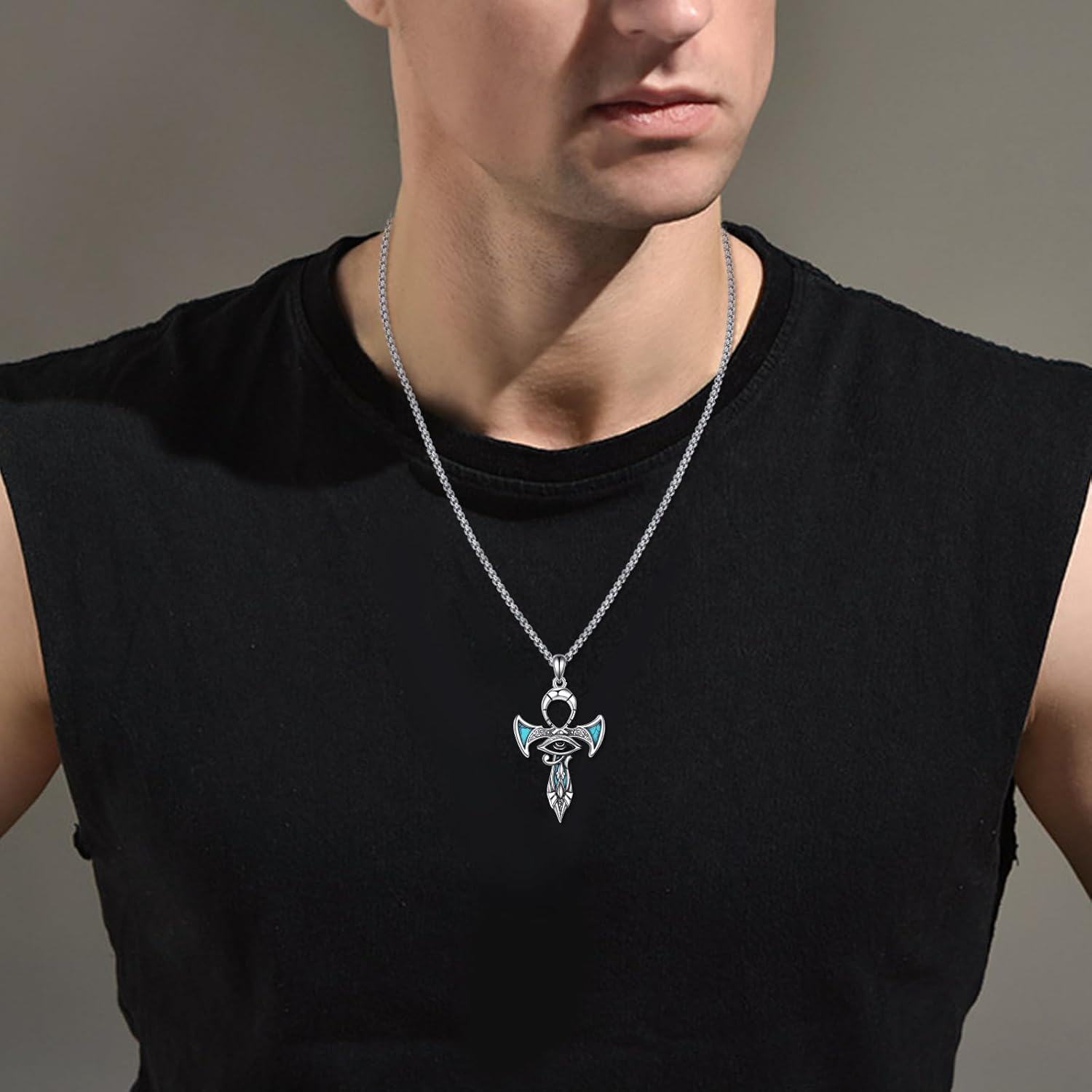 wholesale 925 Sterling Silver Turquoise Eye of Horus Cross Pendant Necklaces for Women Men Egyptian  45cm Chain Length-0-4
