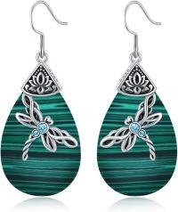 wholesale 925 Sterling Silver Teardrop Green Stone Celtic Dragonfly Dangle Earrings Gift for Women Her Wife Mom-Malachite