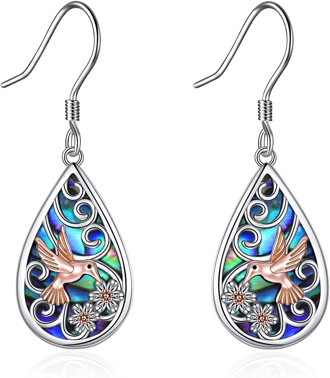 Sterling Silver Abalone Shell Tree of Life Dangle Earrings for Women-Hummingbird Earrings