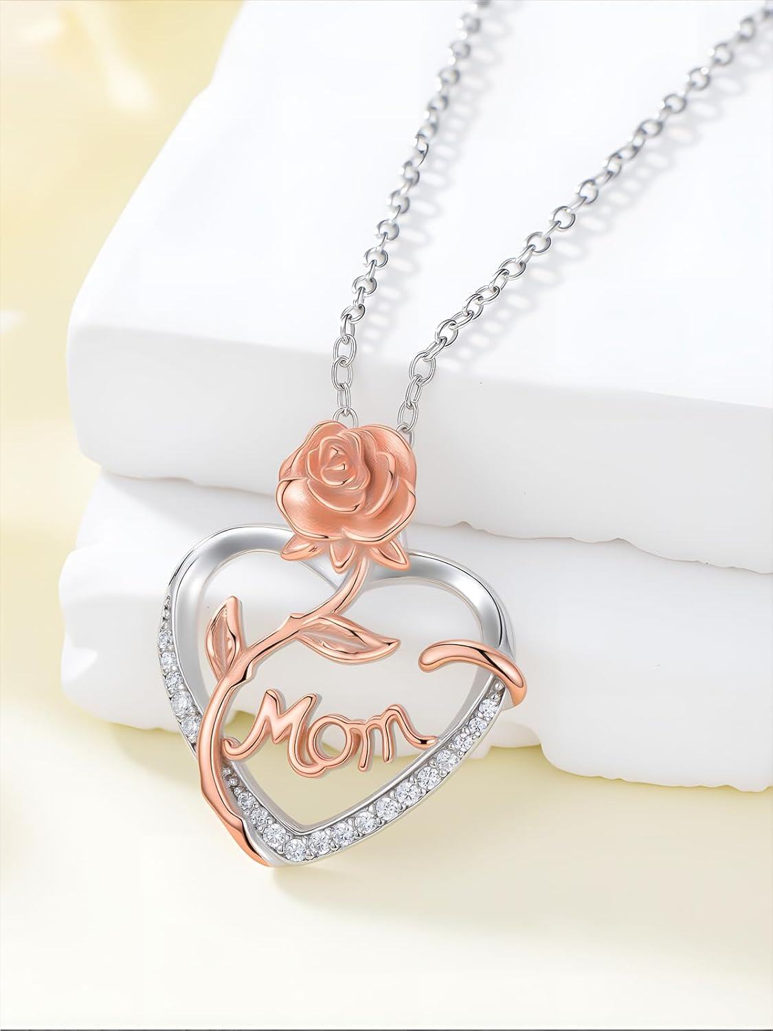 wholesale 925 Sterling Silver Rose Mom Heart Pendant Necklace with Cubic Zirconia-0-3