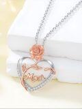 wholesale 925 Sterling Silver Rose Mom Heart Pendant Necklace with Cubic Zirconia-0-3