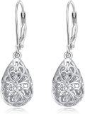 wholesale 925 Sterling Silver Teardrop Filigree Dangle Drop Leverback Earrings with Cubic Zirconia for Women-0-0