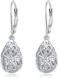 wholesale 925 Sterling Silver Teardrop Filigree Dangle Drop Leverback Earrings with Cubic Zirconia for Women-Silver Filigree Earring