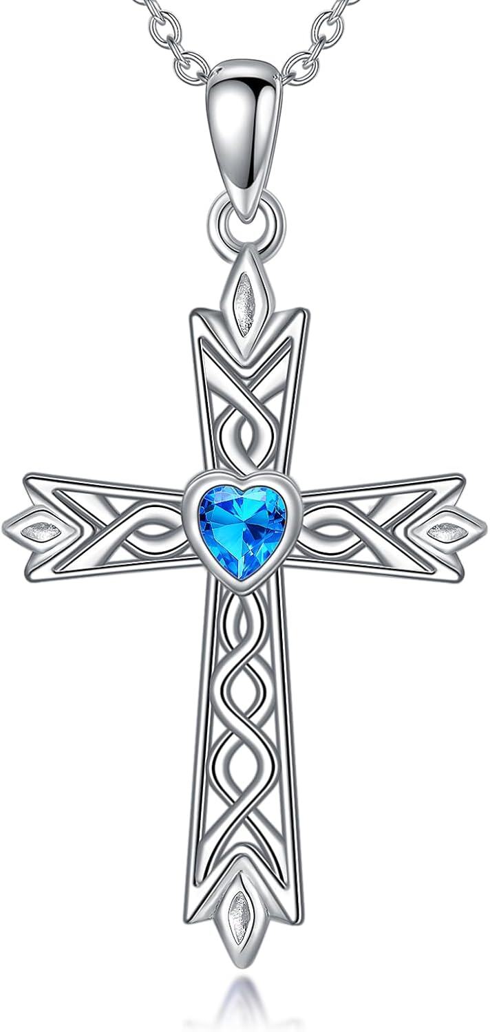 Sterling Silver Celtic Cross Pendant Irish Claddagh Necklace-Celtic Cross March Birthstone