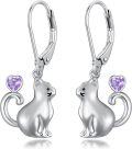 wholesale Sterling Silver Red Heart Cute Cat Dangle Earrings for Women-0-0