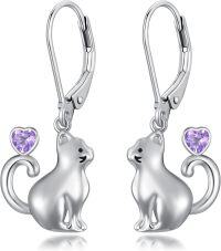 wholesale 925 Sterling Silver Purple Crystal Cat & Heart Drop Earrings for Women-June