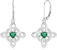 wholesale 925 Sterling Silver Celtic Knot Heart Birthstone Leverback Earrings for Women Mom-05. May (Created Emerald)