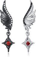 wholesale 925 Sterling Silver Garnet Angel & Devil Wing Stud Earrings with Black/White Wings-0-0