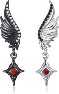wholesale 925 Sterling Silver Garnet Angel & Devil Wing Stud Earrings with Black/White Wings-Shiny Angel Wing