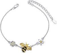 wholesale 925 Sterling Silver Honeycomb Bee Daisy Charm Bracelet with Yellow Stones - Adjustable Length s for Women and Moms-Bee & Flower