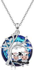wholesale 925 Sterling Silver Blue Crystal Tree of Life with Cows Pendant Necklace for Mother and Daughter-0-0