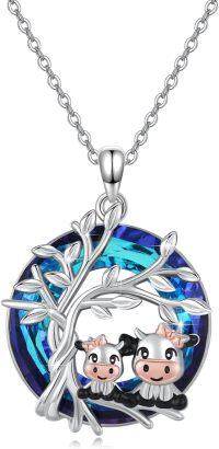 wholesale 925 Sterling Silver Blue Crystal Tree of Life with Cows Pendant Necklace for Mother and Daughter-Silver