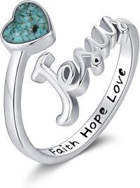 wholesale 925 Sterling Silver Faith Hope Love Adjustable Ring-C2-Jesus Turquoise Ring