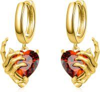 wholesale Sterling Silver Skeleton Hand Skull Hoop Earrings Halloween Gothic Jewelry Gifts-Yellow Gold Plated and Garnet