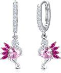 wholesale 925 Sterling Silver Pink Flamingo Drop Earrings with Cubic Zirconia and Red Stones-0-0