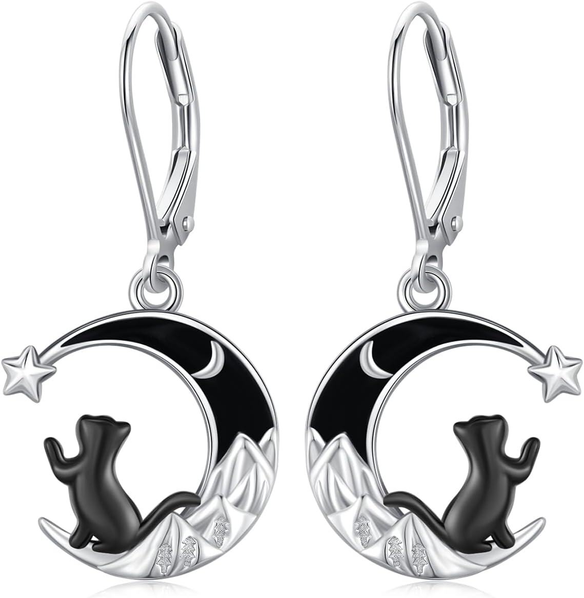 Sterling Silver Moon Black Cat Dangle Earrings for Women-0-1