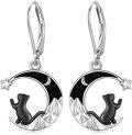 wholesale 925 Sterling Silver Crescent Moon & Black Cat Drop Earrings with Stars and Mountains Design-0-0