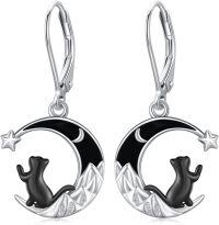 wholesale 925 Sterling Silver Crescent Moon & Black Cat Drop Earrings with Stars and Mountains Design-A-Black Moon Cat