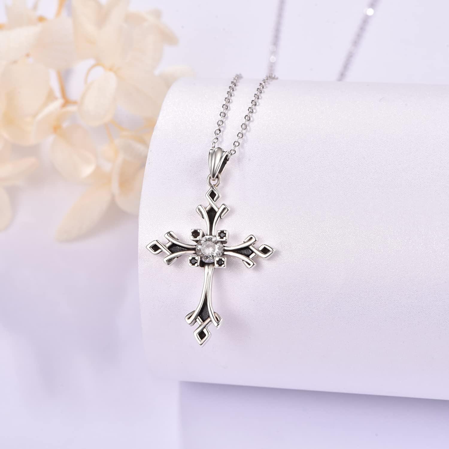 Sterling Silver Stone Christian Cross Pendant Necklace for Women Mom Faith Gifts-0-2