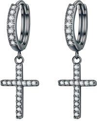 wholesale Sterling Silver Angel Wings Feather Cross Dangle Drop Earrings Unisex Small Hoop Jewelry-04-CZ Cross Earrings(Black Gold)