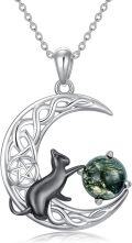 wholesale 925 Sterling Silver Green Moss Agate Crescent Moon with Black Cat and Celtic Knotwork Pendant Necklace-0-0
