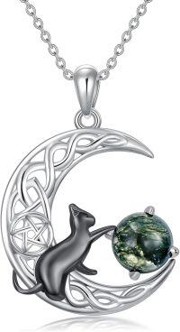 wholesale 925 Sterling Silver Green Moss Agate Crescent Moon with Black Cat and Celtic Knotwork Pendant Necklace-Black Cat Moss Agate