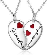 wholesale 925 Sterling Silver Red Enamel Heart Pendant Necklaces Gift Set for Mom and Daughter-silver-grandma granddaughter
