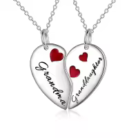wholesale 925 Sterling Silver Red Enamel Heart Pendant Necklaces Wholesale Gift Set for Mom and Daughter-silver-grandma granddaughter