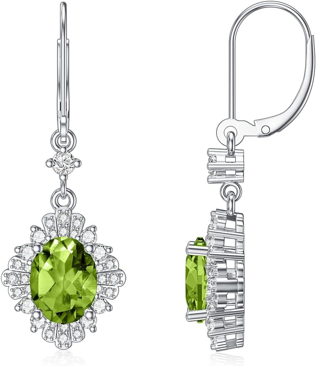14K White Gold Plated Sterling Silver Genuine Gemstone Oval Cut 9x7mm Leverback Dangle Earrings-0-0