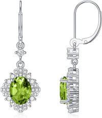 wholesale 14K White Gold Plated 925 Sterling Silver Genuine Gemstone Oval Cut 9x7mm Leverback Dangle Earrings-Green