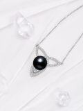 wholesale 925 Sterling Silver & 18K White Gold Plated Triquetra Pendant with Black Pearl and Cubic Zirconia Necklaces for Women-0-5