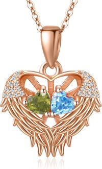 wholesale Sterling Silver 2 Birthstones Angel Wings Necklace for Women-08-12-Aug-Dec