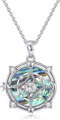 wholesale 925 Sterling Silver Abalone Shell & Zircon Compass Necklace, Adjustable 18+2 Inch Chain, 0.78 Pendant, Elegant Gift for Women-Abalone Shell