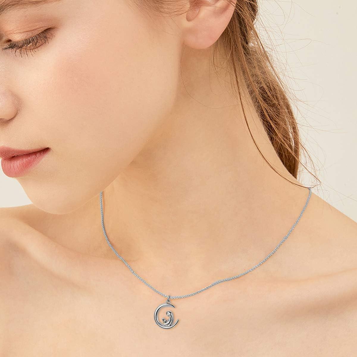 wholesale 14K Gold  Mother and Child in Crescent Moon Pendant Necklace Gift for Women-0-5