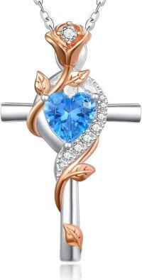 wholesale Sterling Silver Rose Cross Pendant Necklace for Women-12-Dec-Topaz Blue-12-Dec-Topaz Blue
