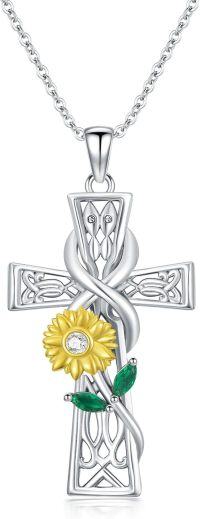 wholesale S925 Sterling Silver & Gold Plated Sunflower Cross Necklace - 0.78-1.26 Inch Pendant, 18+2 Inch Chain - Faith Hope Love Gift for Women-Sunflower