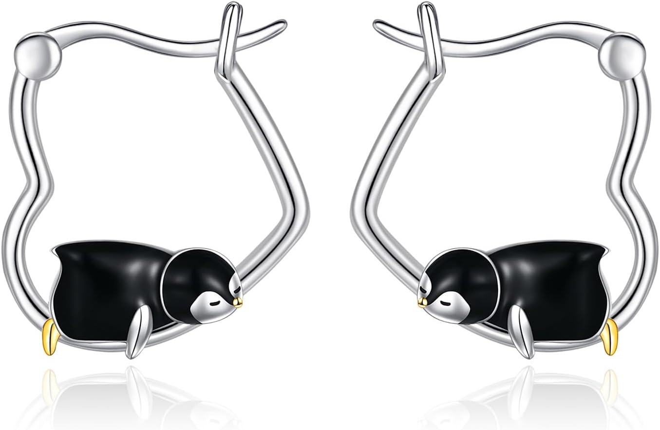 Sterling Silver Heart Hoop Animal Earrings Gifts for Women-Penguin