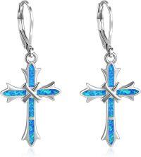 wholesale 925 Sterling Silver Opal Cross Abalone Shell Leverback Earrings for Women-blue opal cross