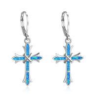 wholesale 925 Sterling Silver Opal Cross Abalone Shell Leverback Earrings for Women-blue opal cross