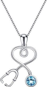 wholesale Sterling Silver Simulated Aquamarine Stethoscope Necklace for Medical Workers-925 Silver - Aqua Blue